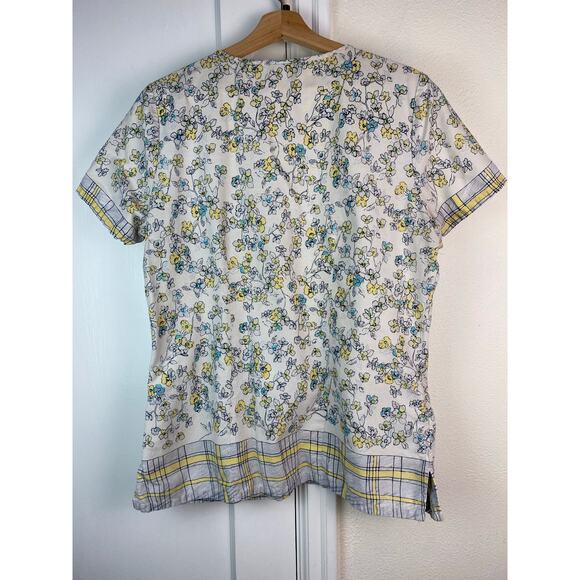 Dickies Women's M Cream Yellow Blue Floral Short Sleeve Scrub Top - Picture 4 of 5